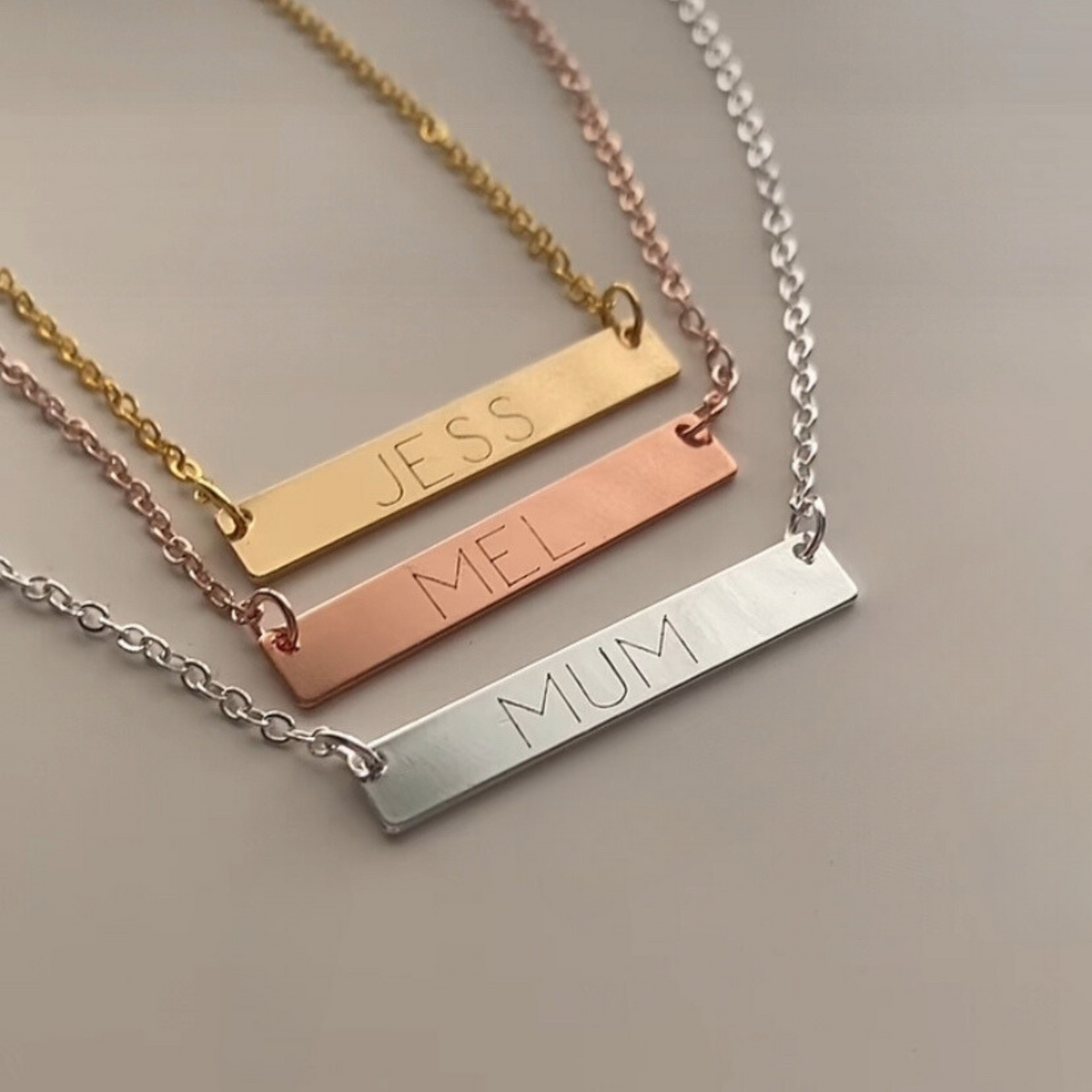 Rose gold engraved necklace; gold engraved necklace; silver engraved necklace